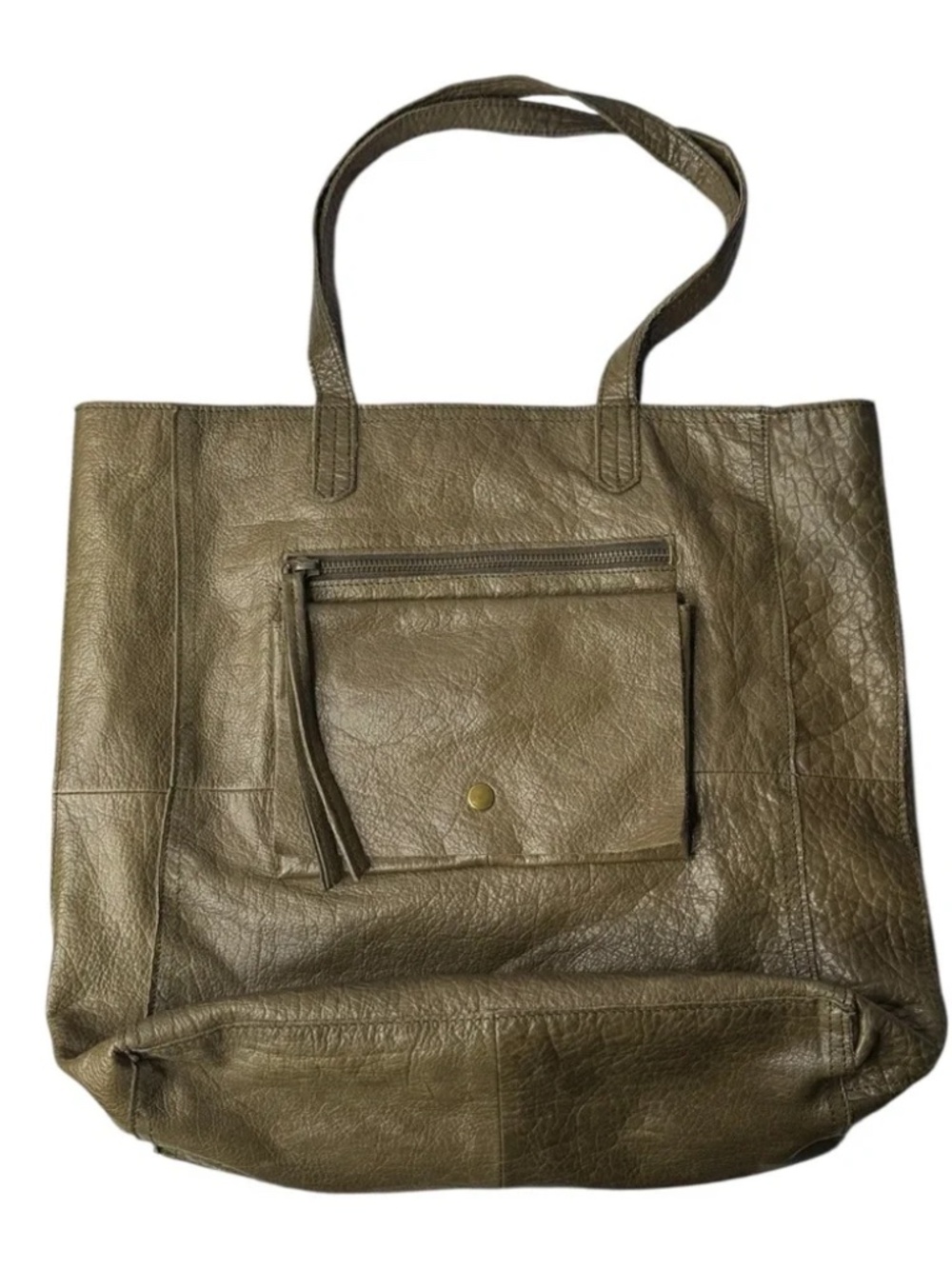 Day & Mood Olive Soft Leather Bag Button Flap & Zipper On Front tote